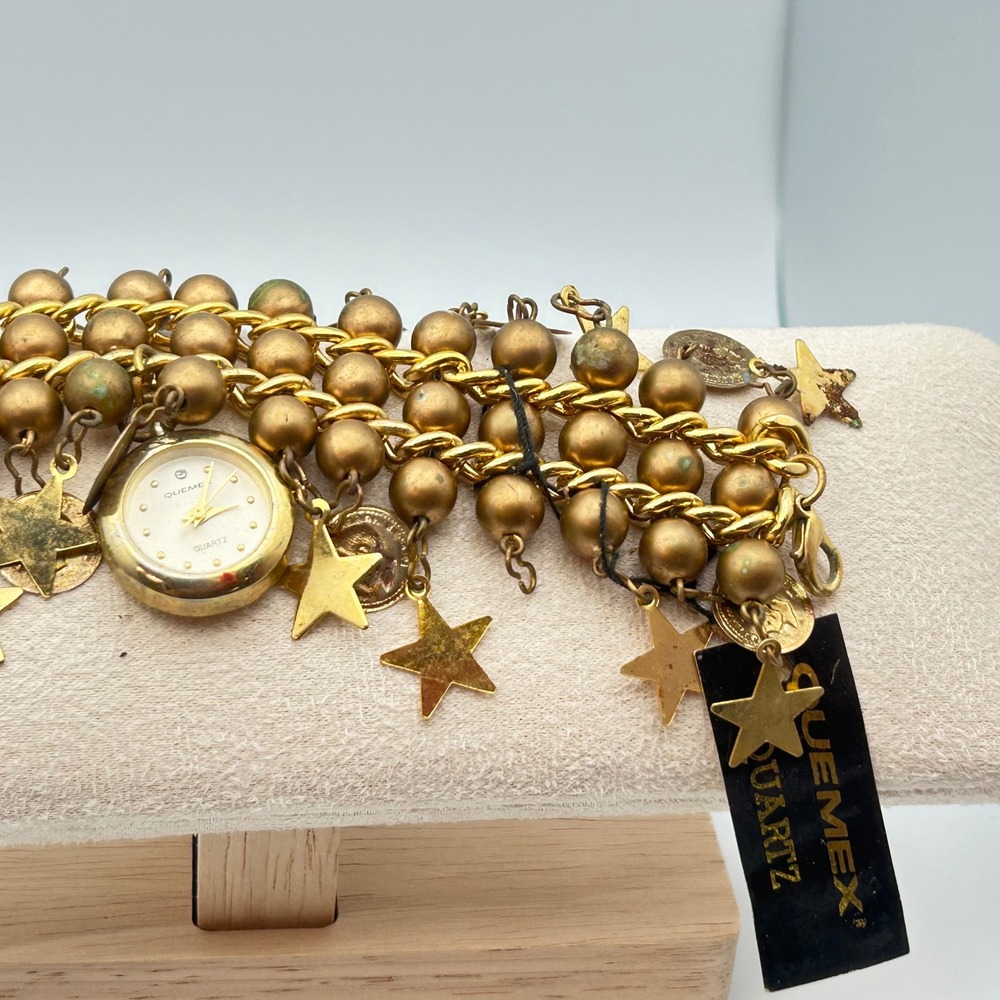 Vintage Enmex Quartz Charm Bracelet Watch – Gold Tone Stars & Coins Boho - Picture 7 of 13